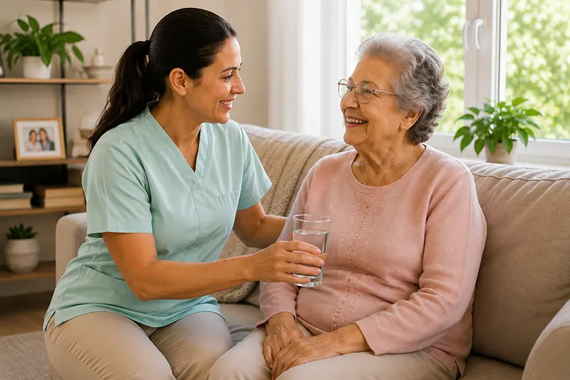 Cuidadora de Home Care segurando com carinho a mão de uma idosa